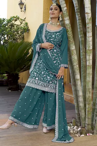 Teal Georgette Embroidered Designer Sharara Suit