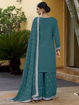 Teal Georgette Embroidered Designer Sharara Suit 3