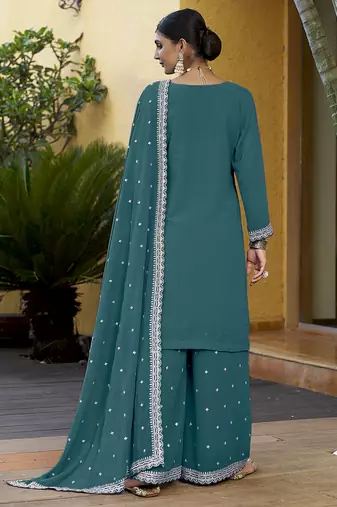 Teal Georgette Embroidered Designer Sharara Suit
