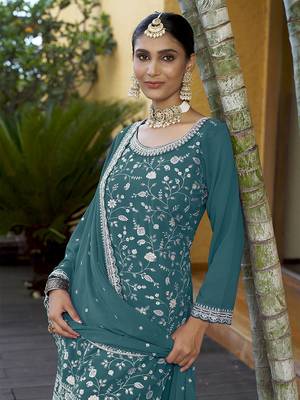 Teal Georgette Embroidered Designer Sharara Suit 4