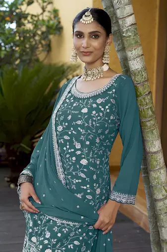 Teal Georgette Embroidered Designer Sharara Suit