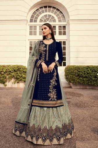 Navy blue georgette semi stitched embroidered wedding suits