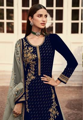 Navy blue georgette semi stitched embroidered wedding suits 2