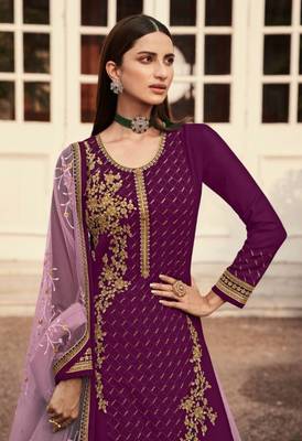 Purple georgette semi stitched embroidered wedding suits 2