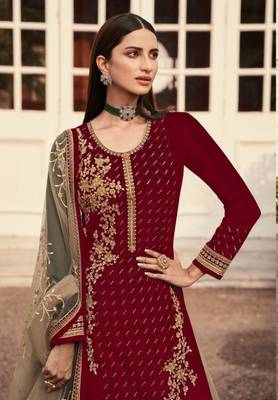Maroon georgette semi stitched embroidered wedding suits 2