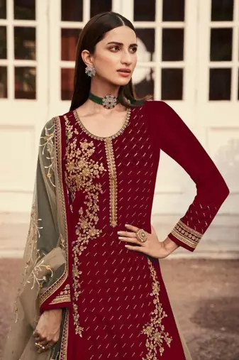 Maroon georgette semi stitched embroidered wedding suits