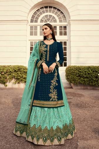Teal georgette semi stitched embroidered wedding suits