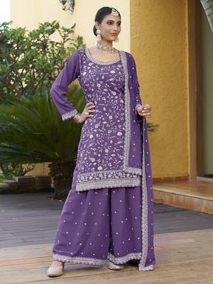 Purple Georgette Embroidered Designer Sharara Suit 1