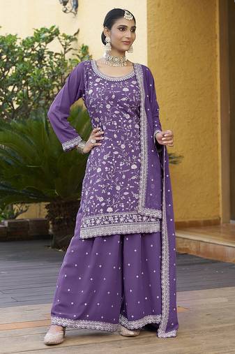 Purple Georgette Embroidered Designer Sharara Suit