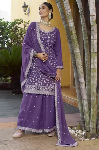 Purple Georgette Embroidered Designer Sharara Suit
