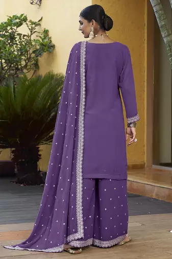 Purple Georgette Embroidered Designer Sharara Suit