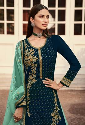 Teal georgette semi stitched embroidered wedding suits 2