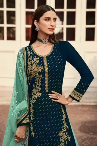 Teal georgette semi stitched embroidered wedding suits