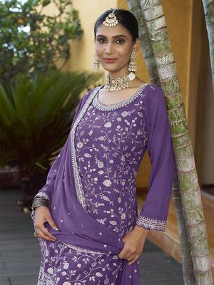 Purple Georgette Embroidered Designer Sharara Suit 4