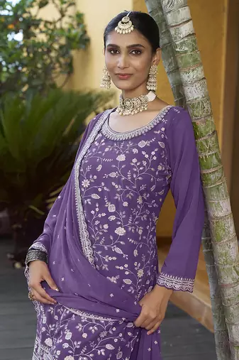 Purple Georgette Embroidered Designer Sharara Suit