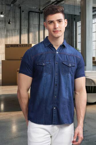Men's double pocket half sleeve denim shirt | western denim shirt for men