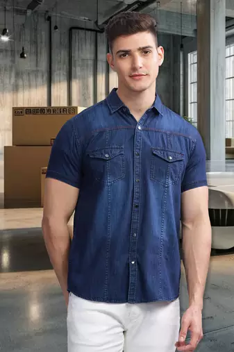 Men's double pocket half sleeve denim shirt | western denim shirt for men
