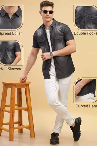 Men's double pocket half sleeve denim shirt | western denim shirt for men