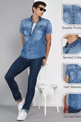 Men's denim double pocket casual shirt | half sleeves shirt for men