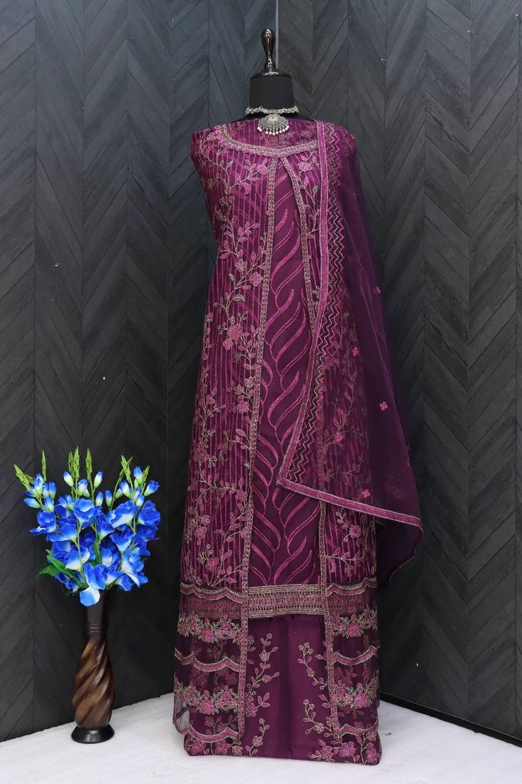 Dark Wine Embroidered Butterfly Net Ethnic Suit