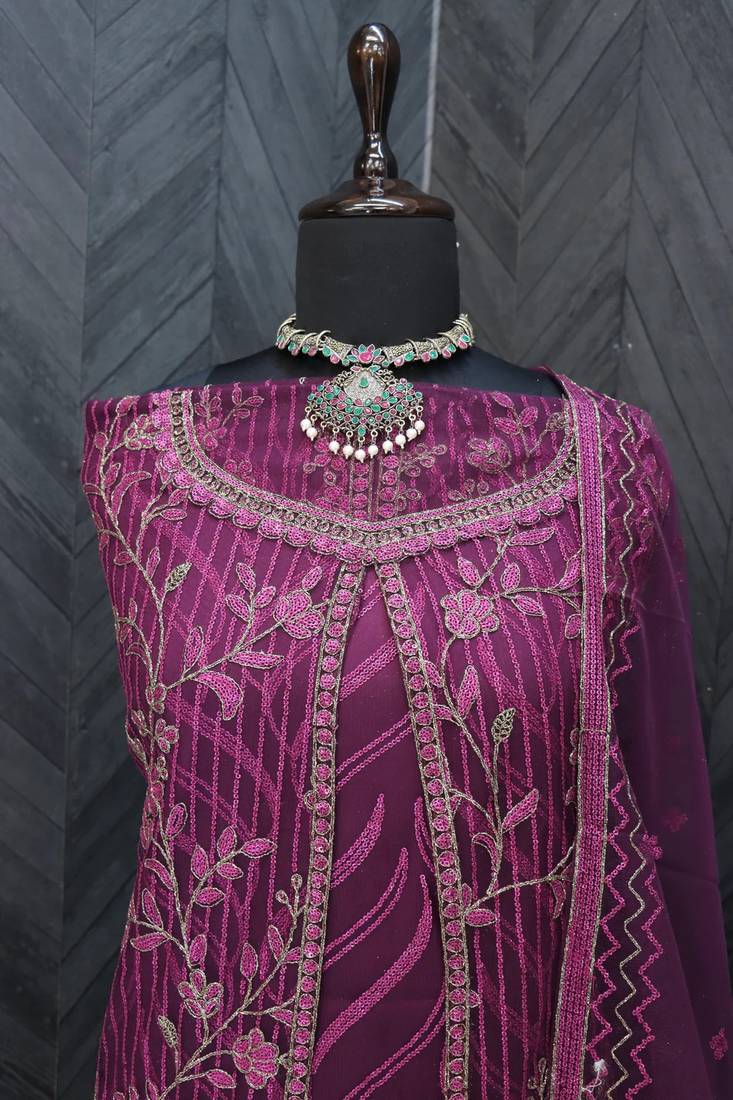Dark Wine Embroidered Butterfly Net Ethnic Suit