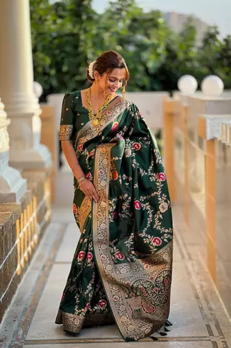 Dark Green Banarasi Art Silk Saree With Zari Weaving Design