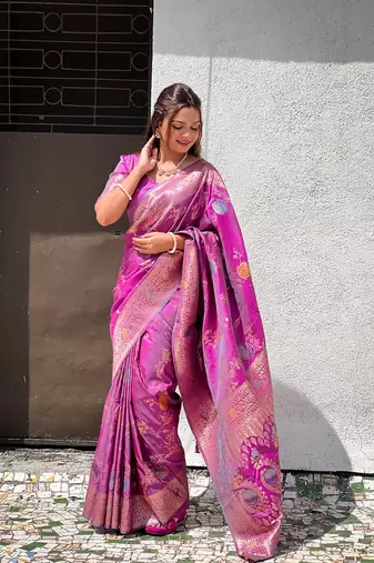 Light Rani Pink Banarasi Art Silk Saree With Zari Weaving Design