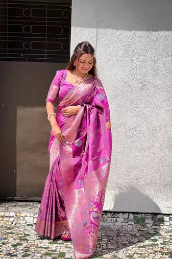 Light Rani Pink Banarasi Art Silk Saree With Zari Weaving Design