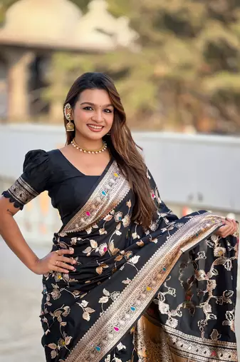 Black Banarasi Art Silk Saree With Zari Weaving Design
