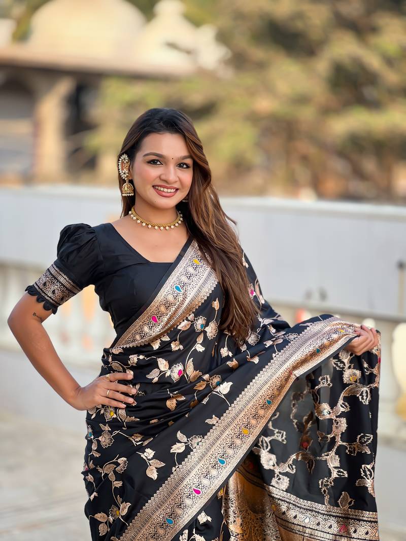 Black Banarasi Art Silk Saree With Zari Weaving Design