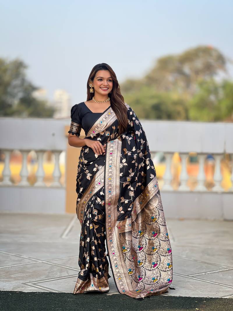 Black Banarasi Art Silk Saree With Zari Weaving Design