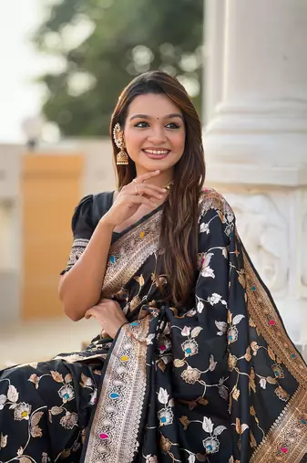 Black Banarasi Art Silk Saree With Zari Weaving Design