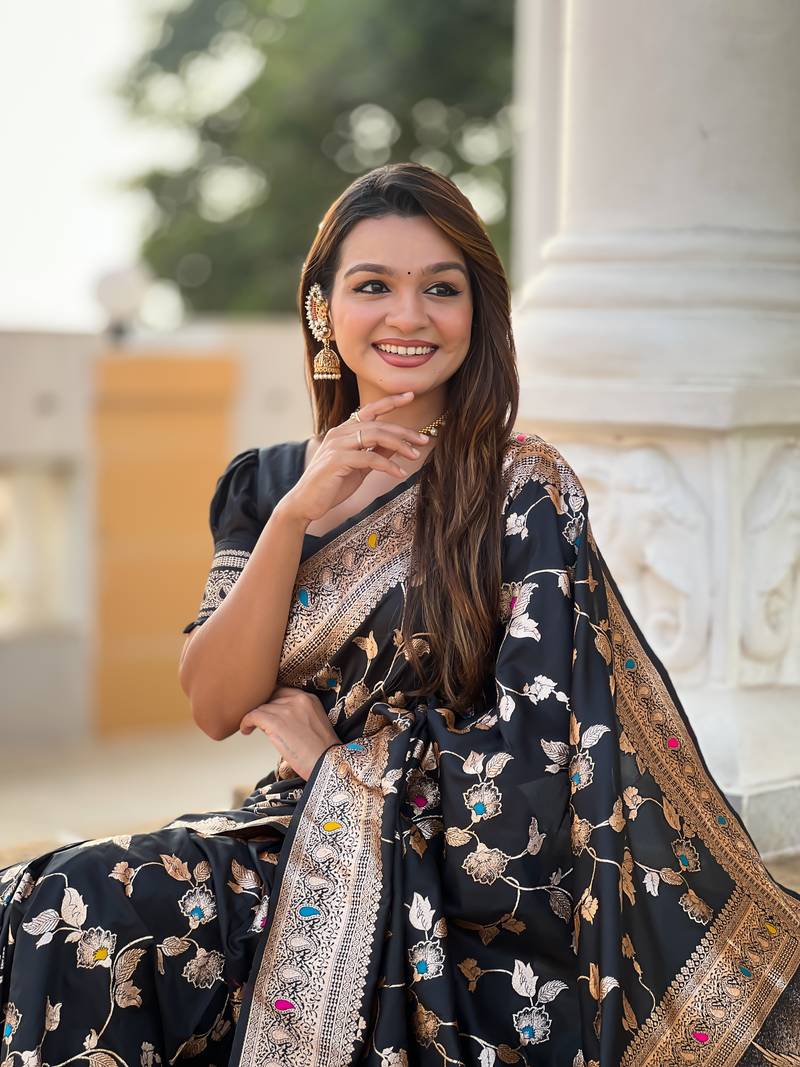 Black Banarasi Art Silk Saree With Zari Weaving Design