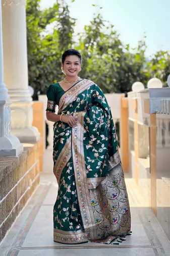 Dark Green Banarasi  Art Silk Saree With Zari Weaving Design