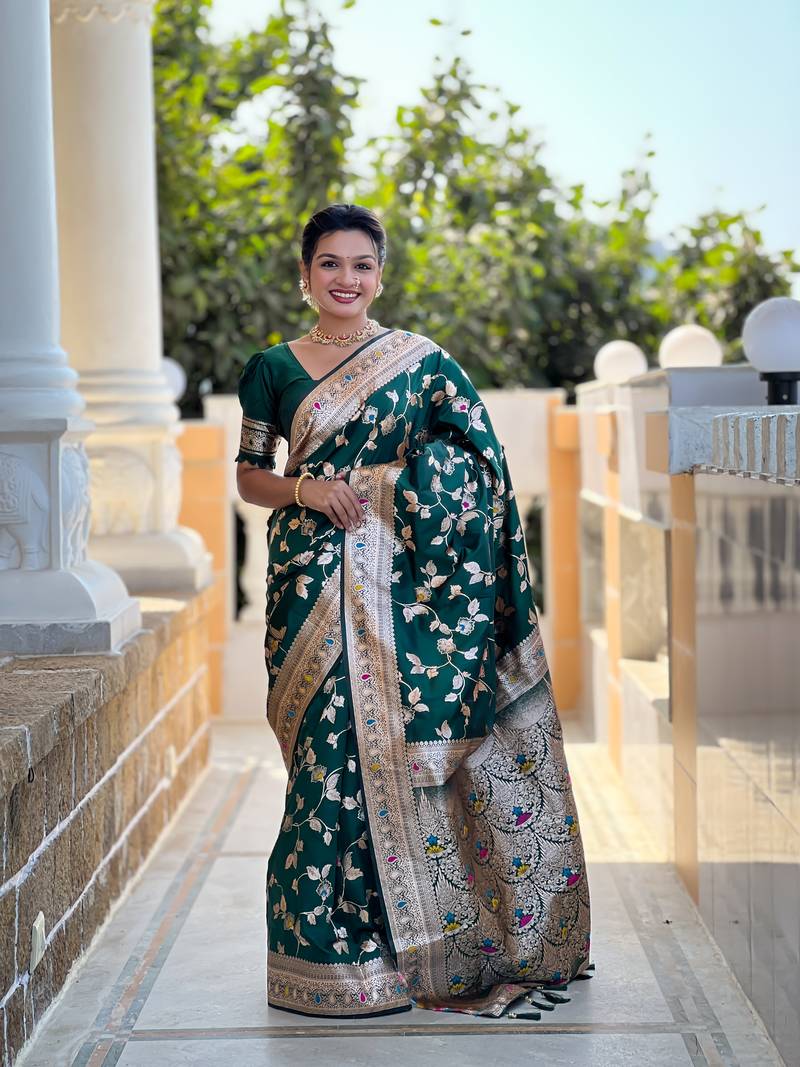 Dark Green Banarasi  Art Silk Saree With Zari Weaving Design