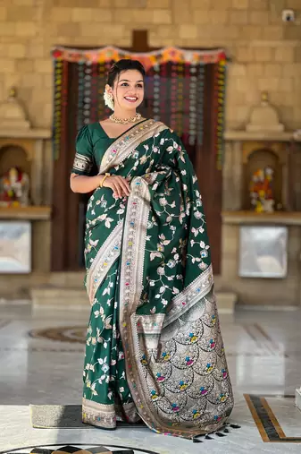 Dark Green Banarasi  Art Silk Saree With Zari Weaving Design