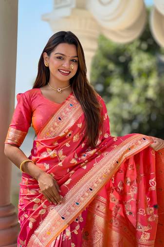 Light Hot Pink Banarasi Art Silk Saree With Zari Weaving Design