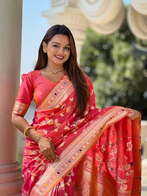 Light Hot Pink Banarasi Art Silk Saree With Zari Weaving Design 1