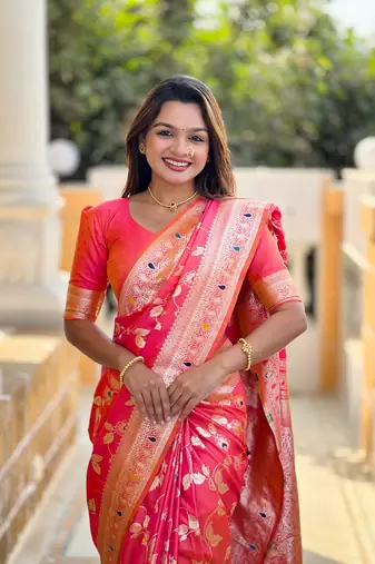 Light Hot Pink Banarasi Art Silk Saree With Zari Weaving Design