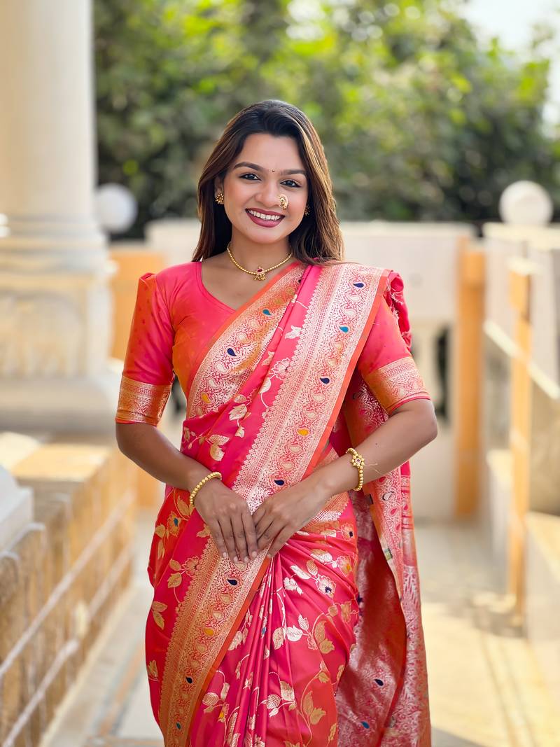 Light Hot Pink Banarasi Art Silk Saree With Zari Weaving Design
