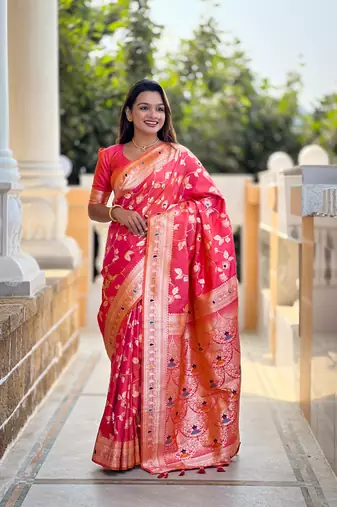 Light Hot Pink Banarasi Art Silk Saree With Zari Weaving Design