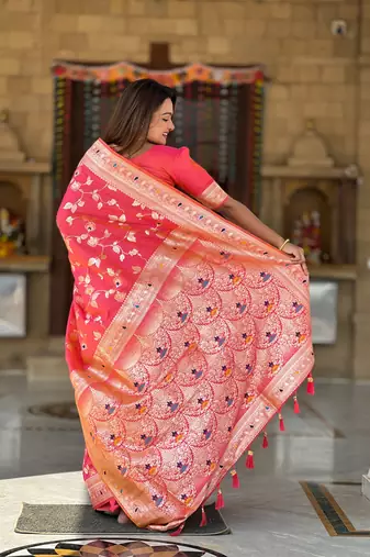 Light Hot Pink Banarasi Art Silk Saree With Zari Weaving Design