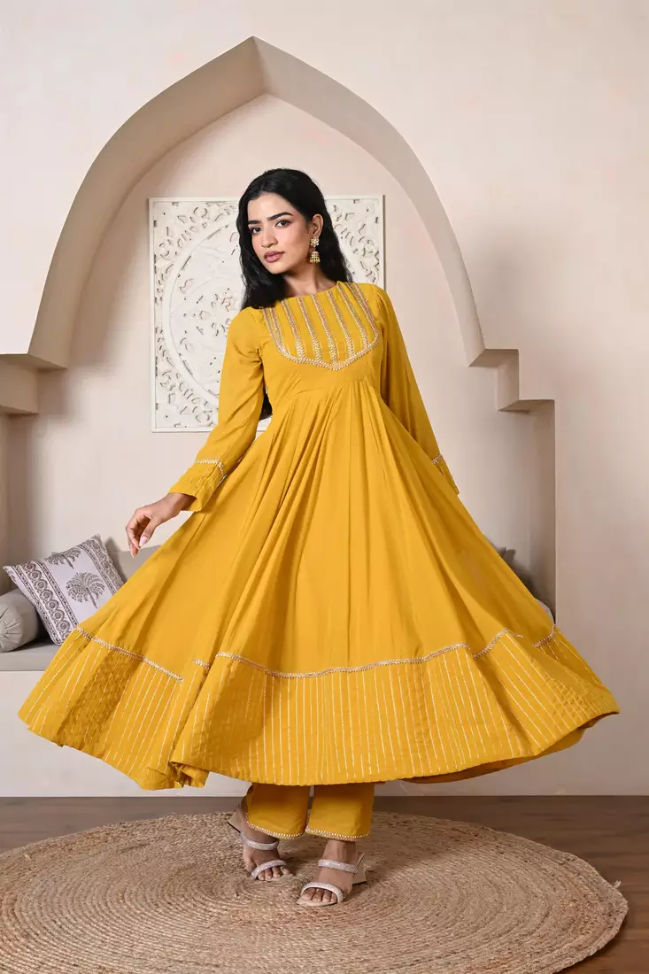 Mustard Anarkali Georgette Suit With Bottom & Dupatta