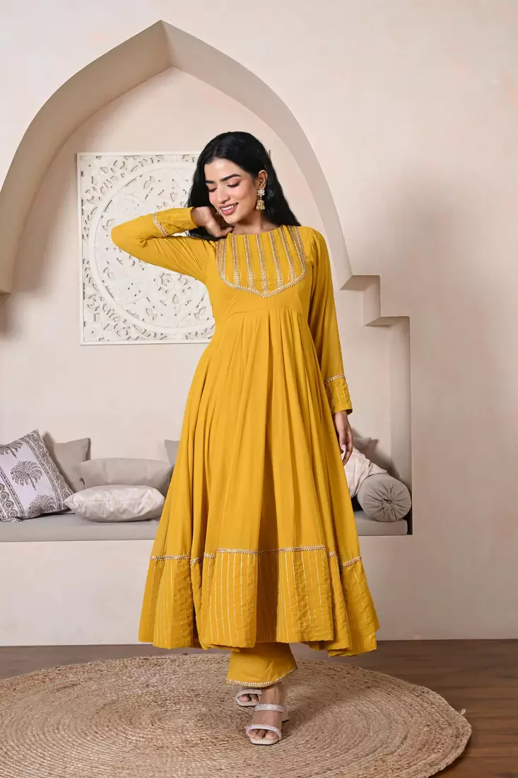 Mustard Anarkali Georgette Suit With Bottom & Dupatta