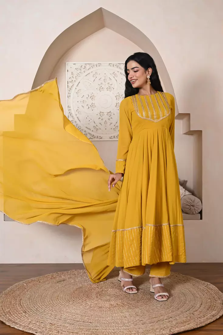 Mustard Anarkali Georgette Suit With Bottom & Dupatta