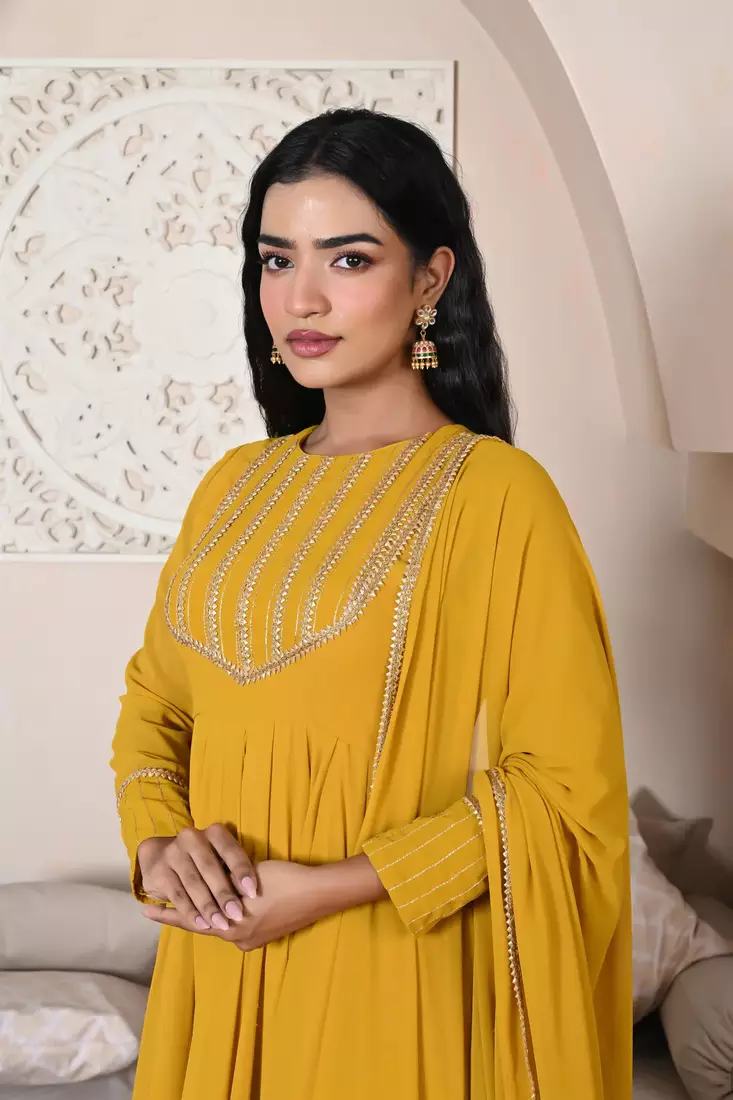 Mustard Anarkali Georgette Suit With Bottom & Dupatta