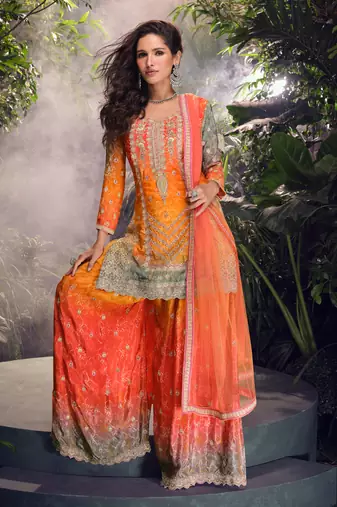 Multicolor embroidery, mirror and sequins chinon silk straight palazzo suit- free size stitched(size upto 42")