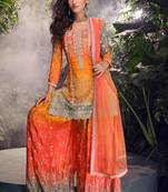 Multicolor embroidery, mirror and sequins chinon silk straight palazzo suit- free size stitched(size upto 42")