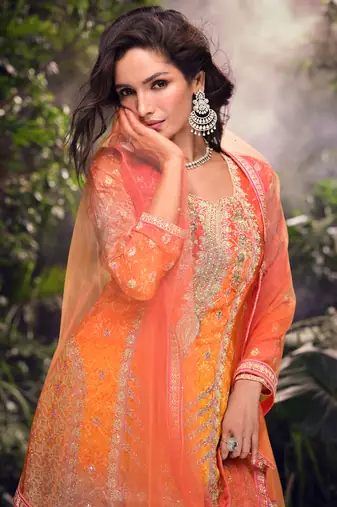 Multicolor embroidery, mirror and sequins chinon silk straight palazzo suit- free size stitched(size upto 42")