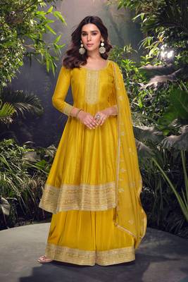 Yellow embroidery, mirror and sequins jacquard silk straight palazzo suit- free size stitched(size upto 42") 1